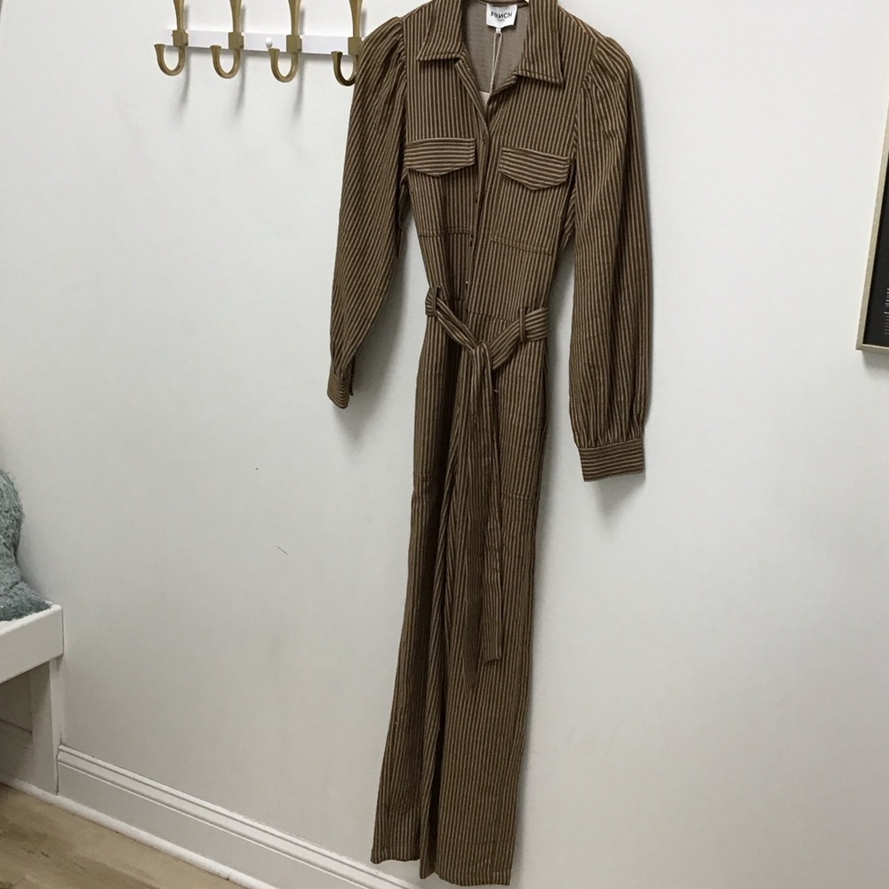 FRNCH Dominique Brown Striped Jumpsuit with Belt